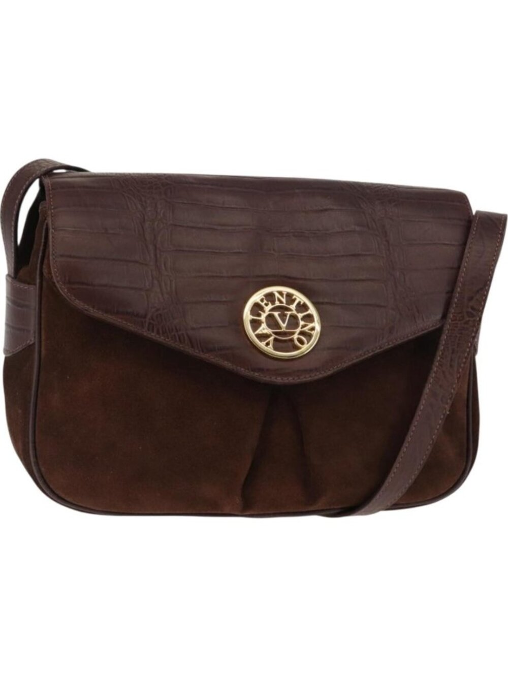 VALENTINO Embossing Shoulder Bag Suede Leather Brown Gold